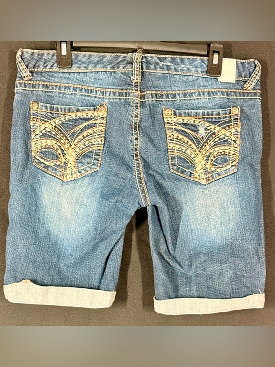 Maurices Dark Blue Denim Shorts with Contrast Orange Stitching - Picture 2 of 4
